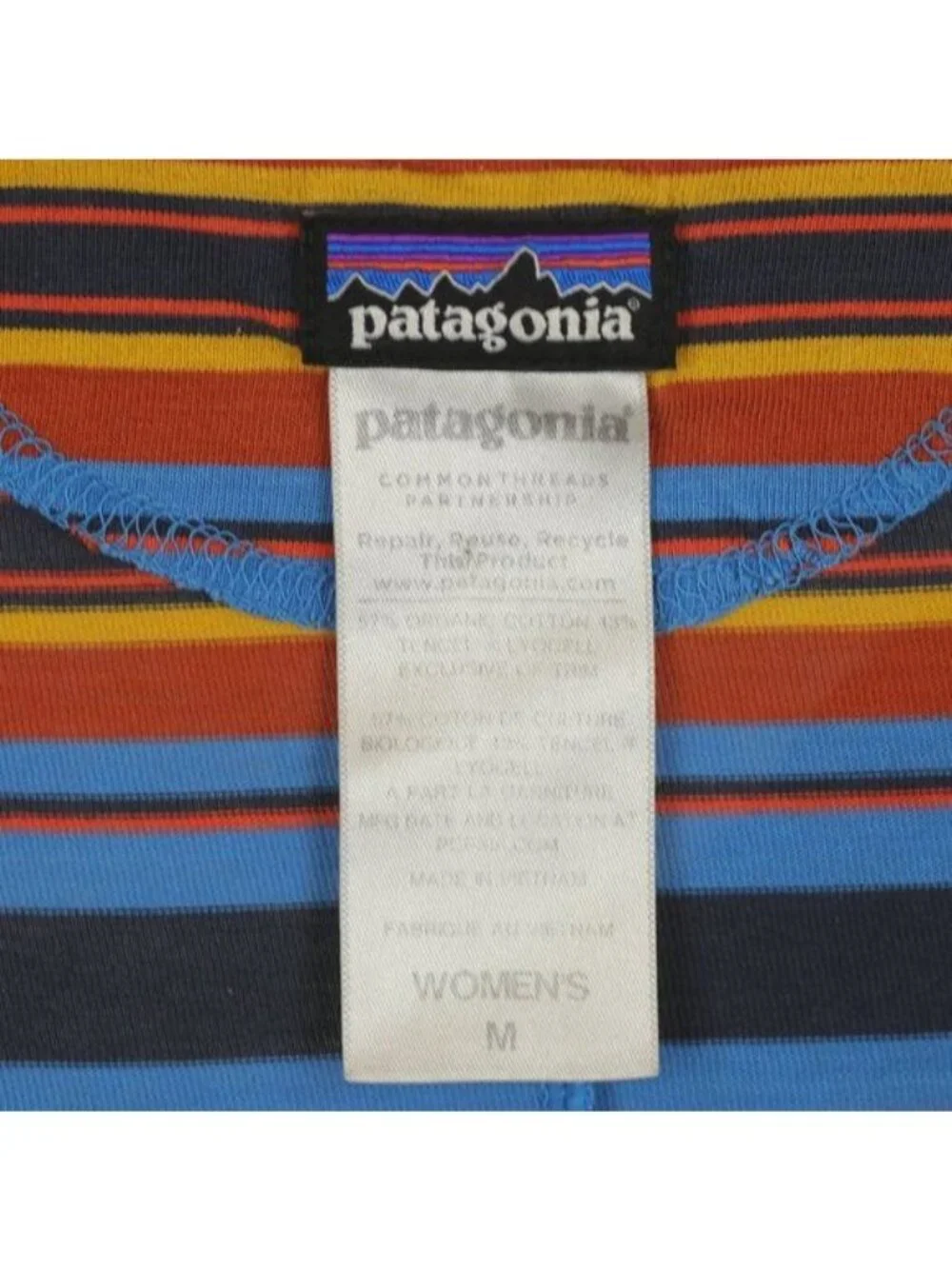 Patagonia Kamala Women's Medium Blue Orange Stripe Cowl Neck 3/4 Sleeve Dress